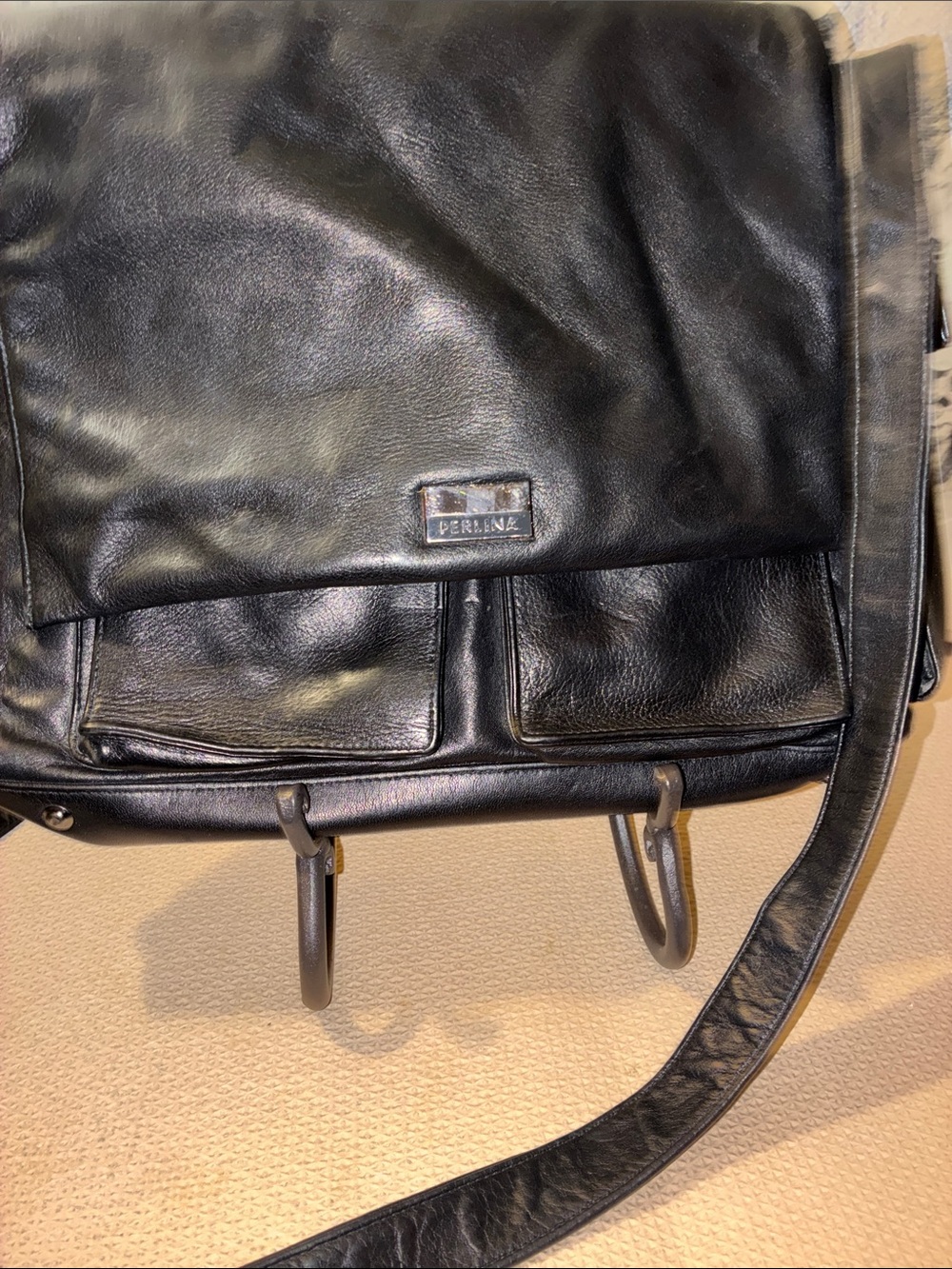 Vintage Perlina NYC Black Minimalist Messenger Satchel Genuine Leather - Picture 2 of 14